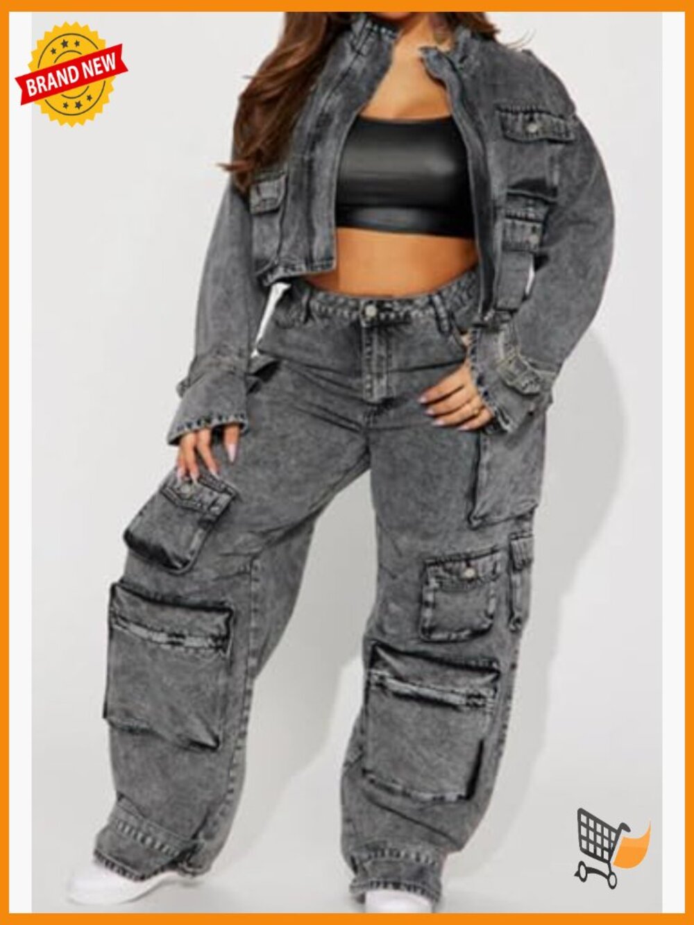 High Waisted Baggy Cargo Jeans Women Y2K Straight Wide Leg Streetwear Pants - Picture 6 of 7